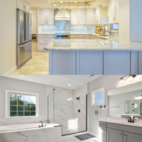 A separated design of modern kitchen and bathroom with the same marble floorings used.